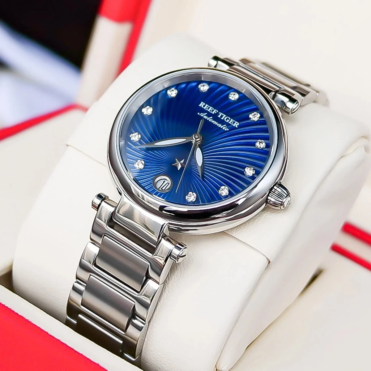 Reef Tiger/RT  Fashion Blue Dial Ladies Automatic Mechanical Watch MIYOTA 9015 Movement Sapphire Glass Waterproof Date Watch