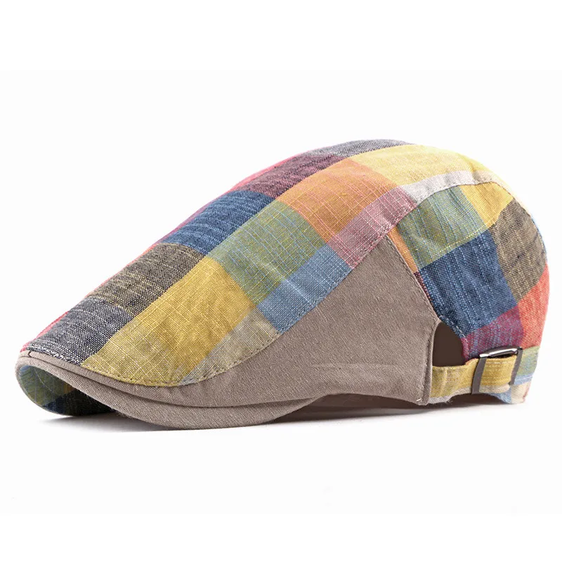 Spring Summer Color Plaid Newsboy Caps Men Cotton Flat Peaked Cap Women Painter Beret Hats 05