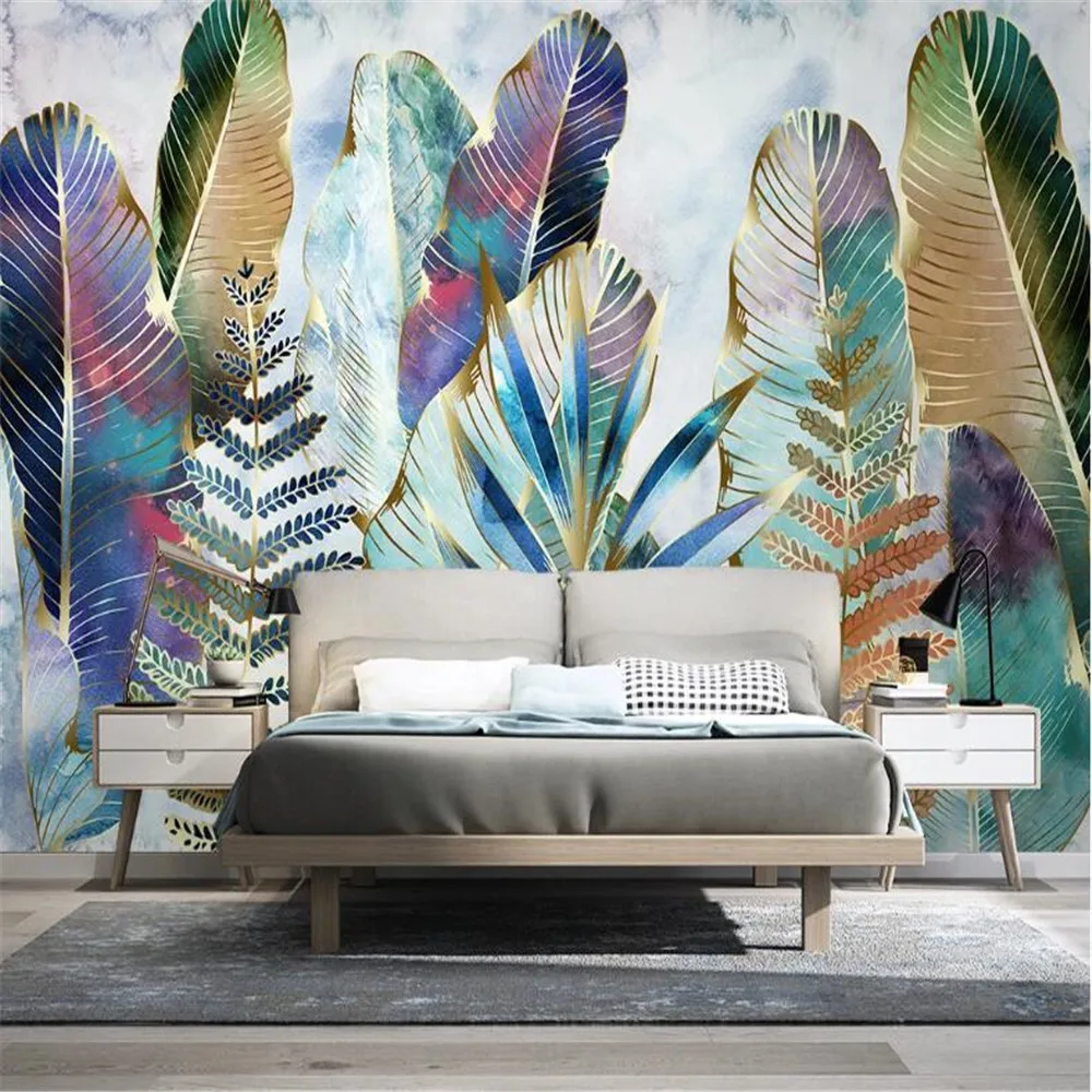 Milofi personality wallpaper Nordic tropical plants leaves light luxury watercolor hand-painted mural wallpaper wall covering