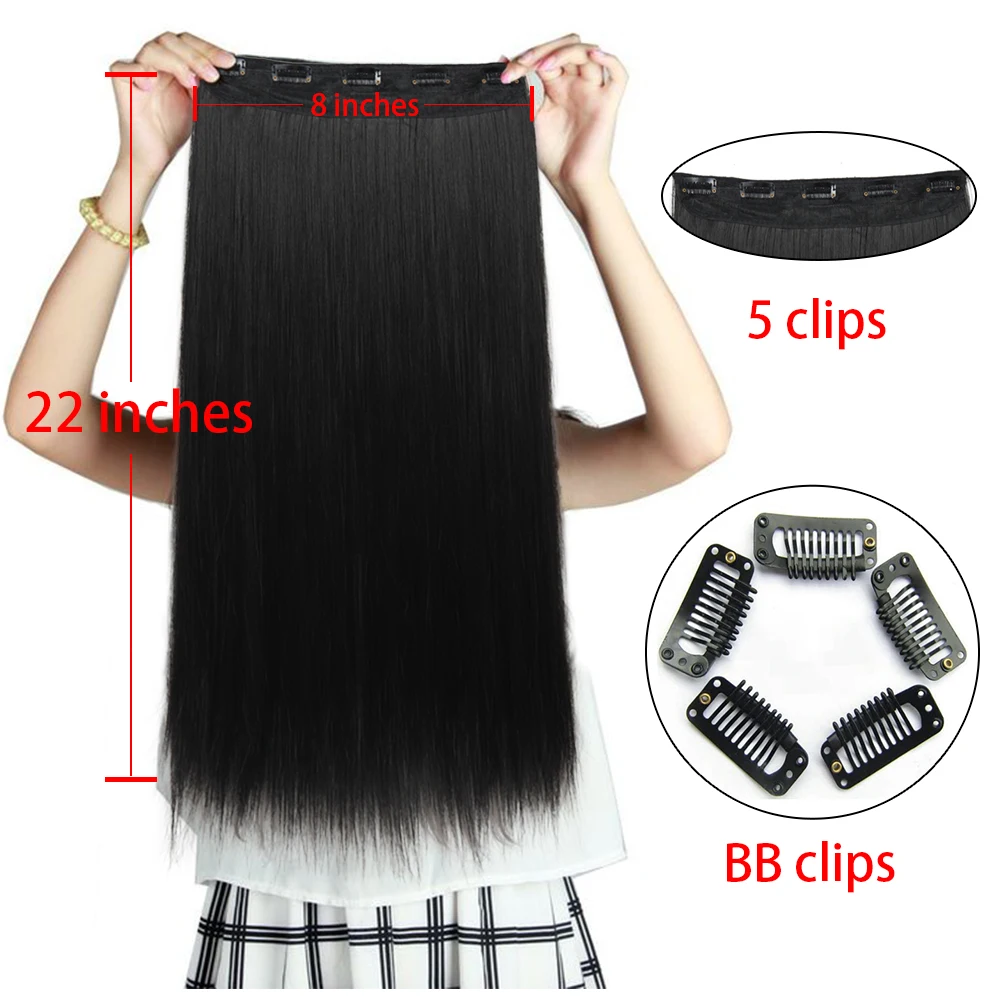 Azqueen Synthetic 5 Clips in Hair Extension Long Straight Hairpiece Haistyle high temperature fibert Golden brown black