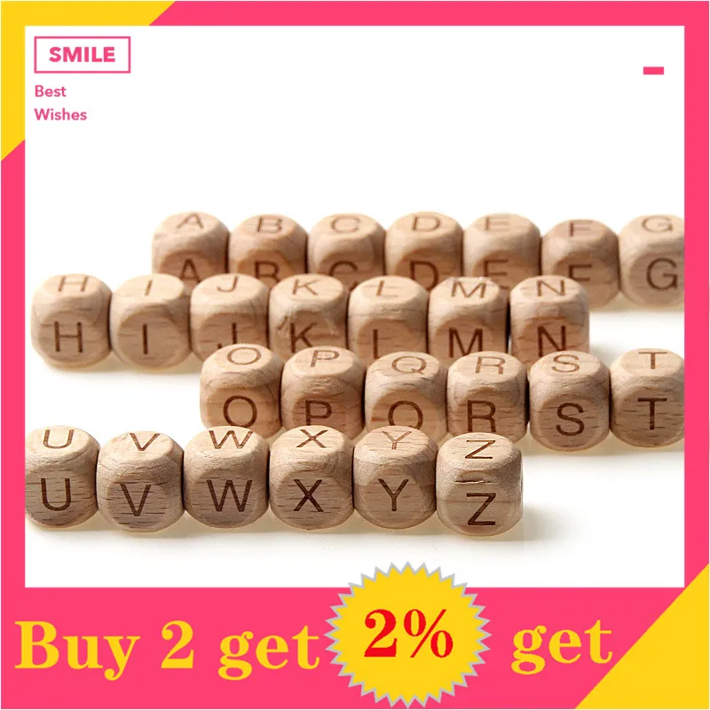 20pcs Square Natural Beech Wooden Loose Letter Beads For Jewelry Making Handmade Toy Bracelet DIY Pacifier Chain Safe