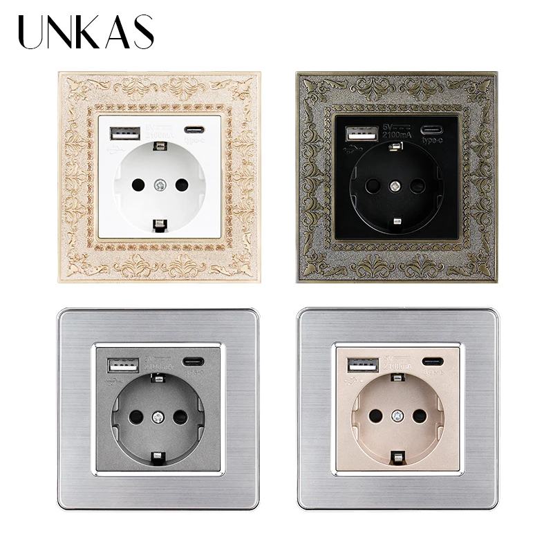 

UNKAS Type C Port 16A EU Plug 5V 2100mA With USB Socket 4D Embossing Retro Zinc Alloy Stainless Steel Panel Power AC 110V-250V