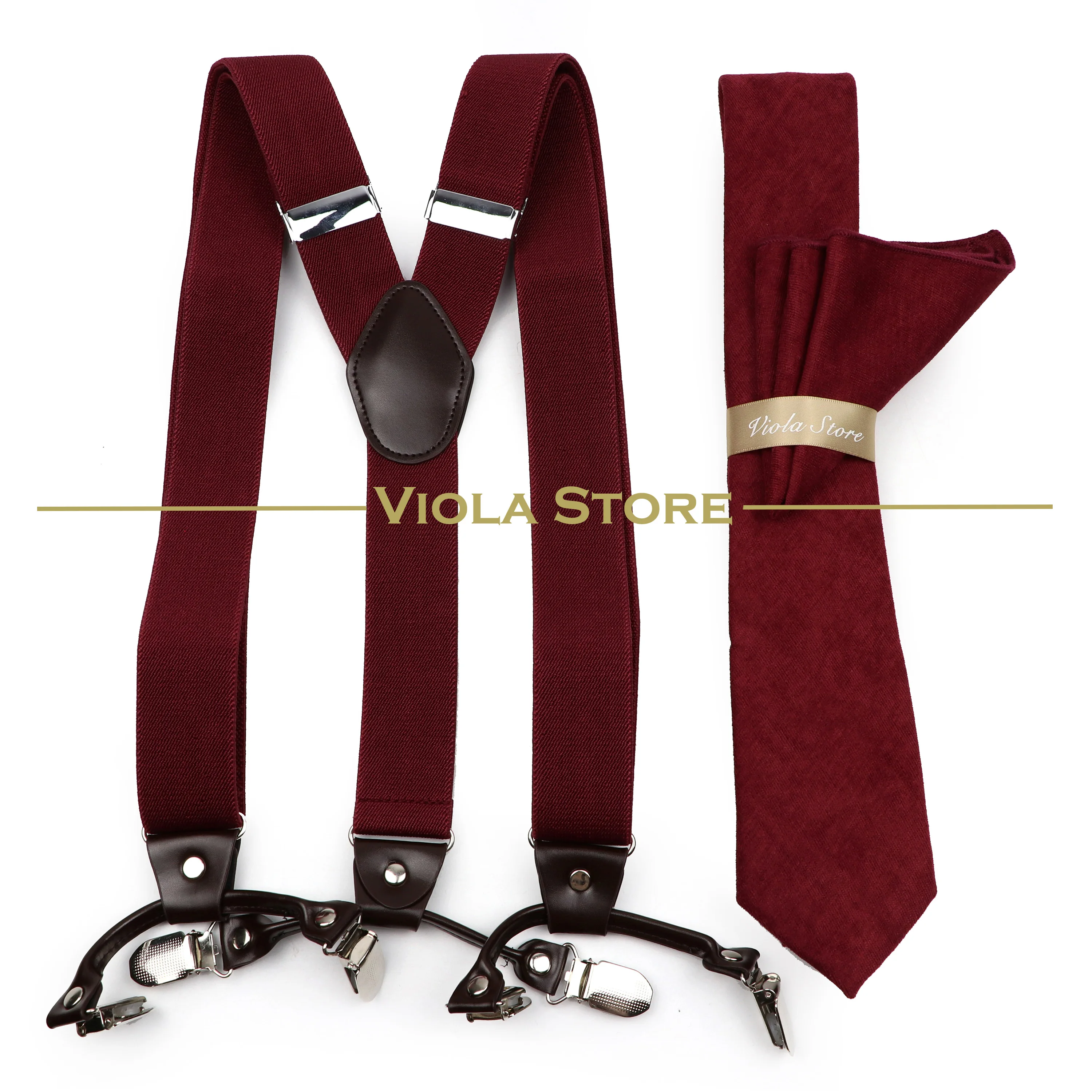 6 Clips 3.5cm Width Wide Men Suspender 7cm Velvet Neckie Hankie Sets Solid Brace Navy Red Luxury Strap Male Gift Accessory Top