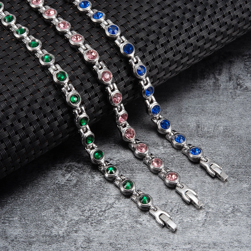 Magnet Health Bracelets AAA Zirconia Pink Stone Stainless Steel Bracelet Women Chain Therapy Arthritis Energy Bracelet for Women