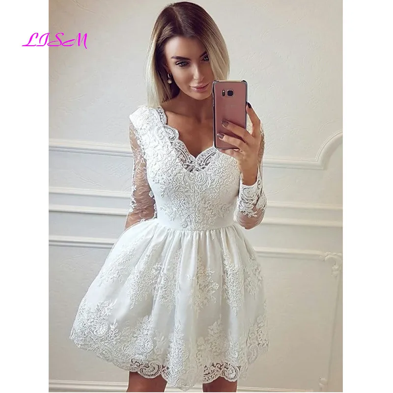 

Long Sleeves Short White Lace Prom Dresses Mini Formal Homecoming Graduation Dress