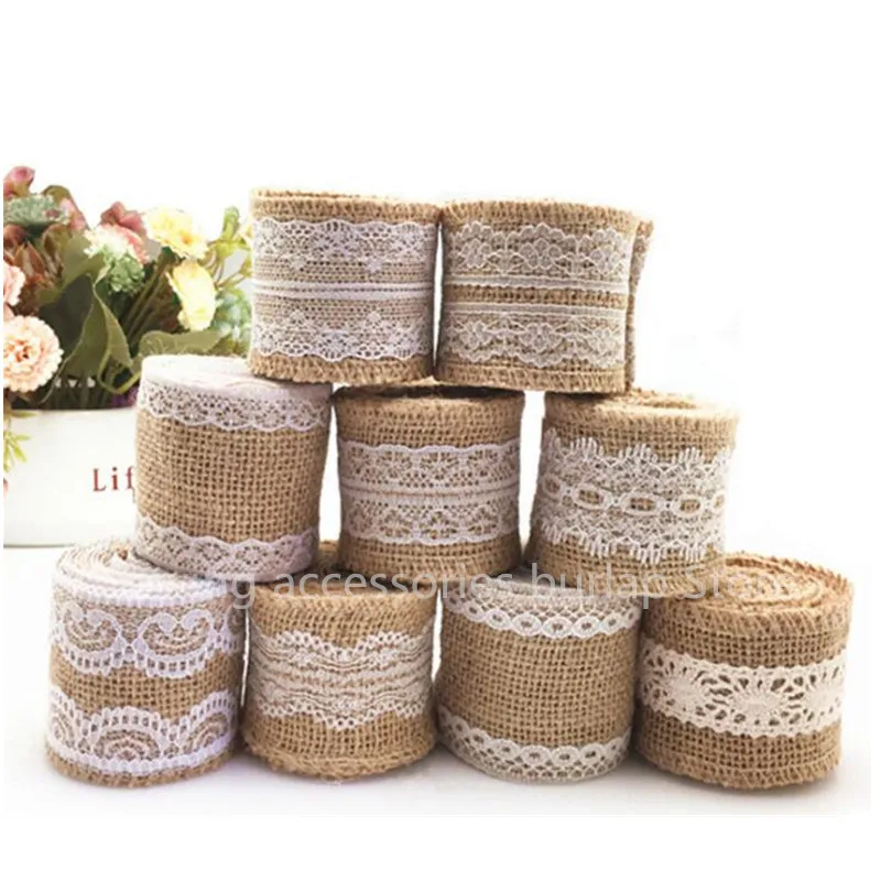 2M/Roll 5CM Natural Jute Burlap Rolls Hessian Ribbon with Lace Vintage Wedding Decor Ornament Burlap Party DIY craft Supplies