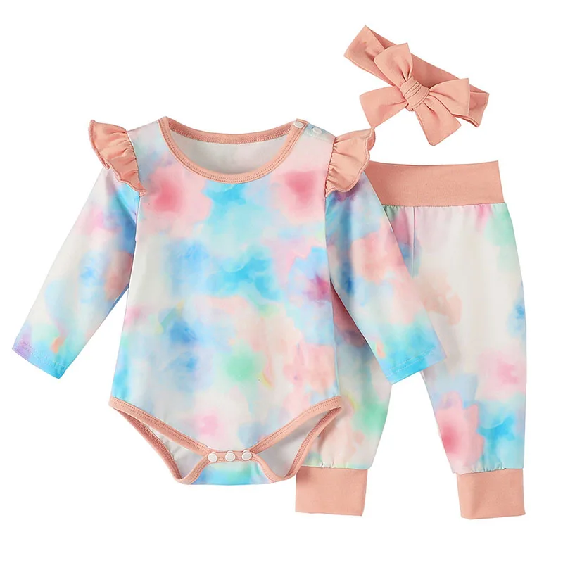 

3Pcs Baby Girl Tie Dyeing Clothes Set Toddler Girl Ruffles Romper Bodysuit+Pants+Headband Suit for Bebe Newborn Bow Clothing 12M