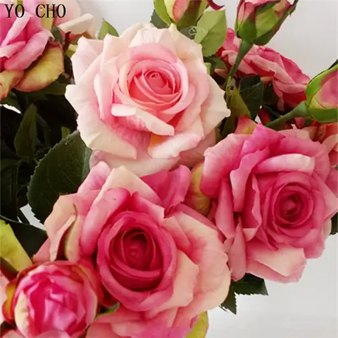YO CHO 핑크 로즈 실크 웨딩 부케 꽃 Mariage DIY 신부 꽃 라텍스 인공 장미 부케 신부 들러리 장식