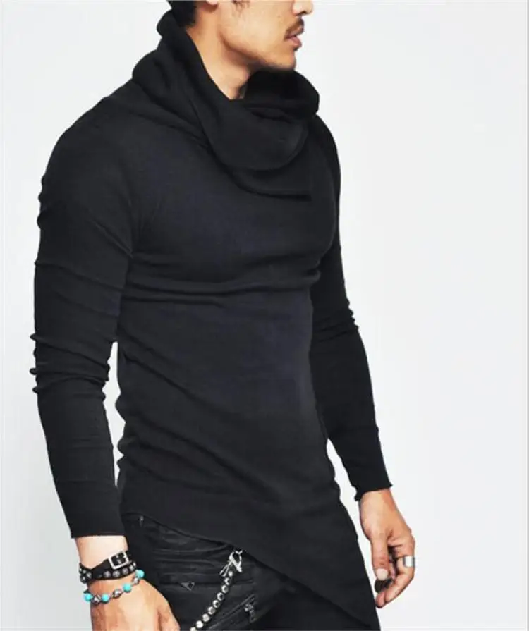 

Autumn and winter European and American tide men pile pile collar long-sleeved t-shirt irregular hem large size T-shirt bottomin