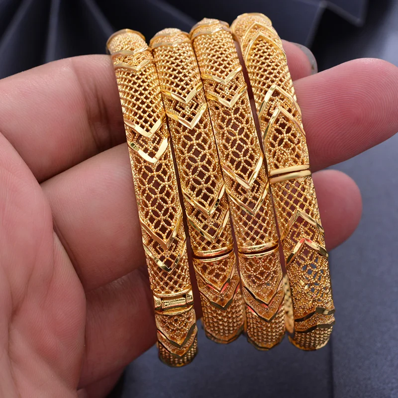 Wando 4pc/lot Classic Gold Color Bangles Women Girls Plaid Charm Luxury Bangles Bracelet Ethnic Africa Jewelry Wedding Gift