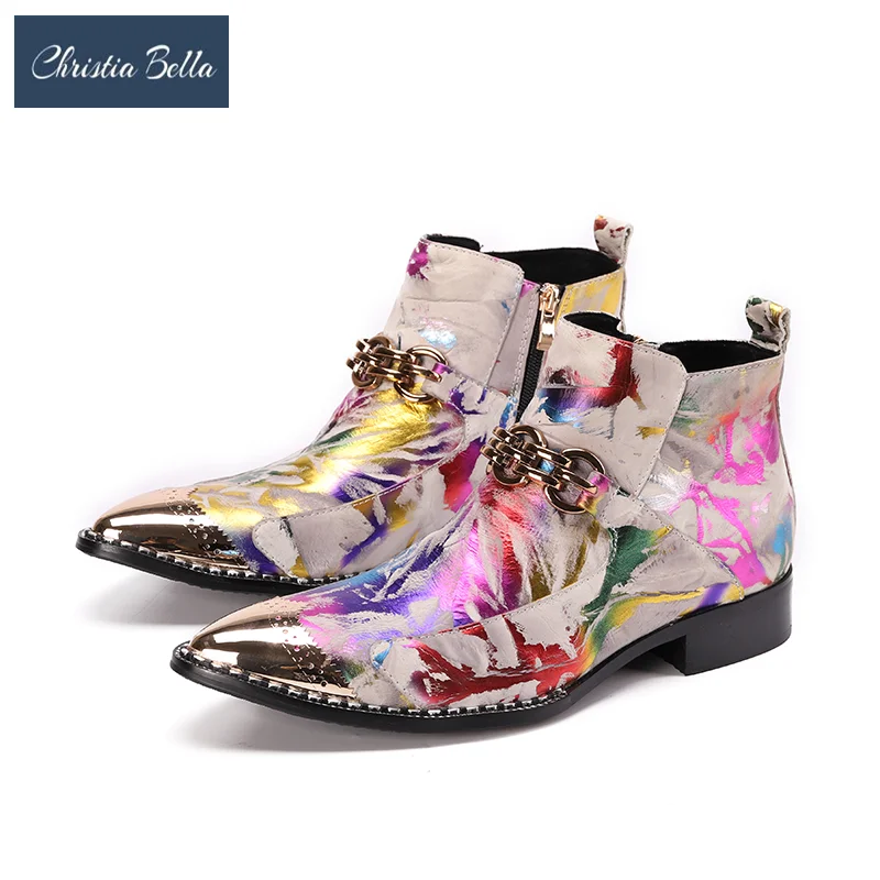 

Fashion Multicolor Print Party Celebration Men Genuine Leather Boots Business Prom Dress Boots Male Gradient Color Formal Shoes