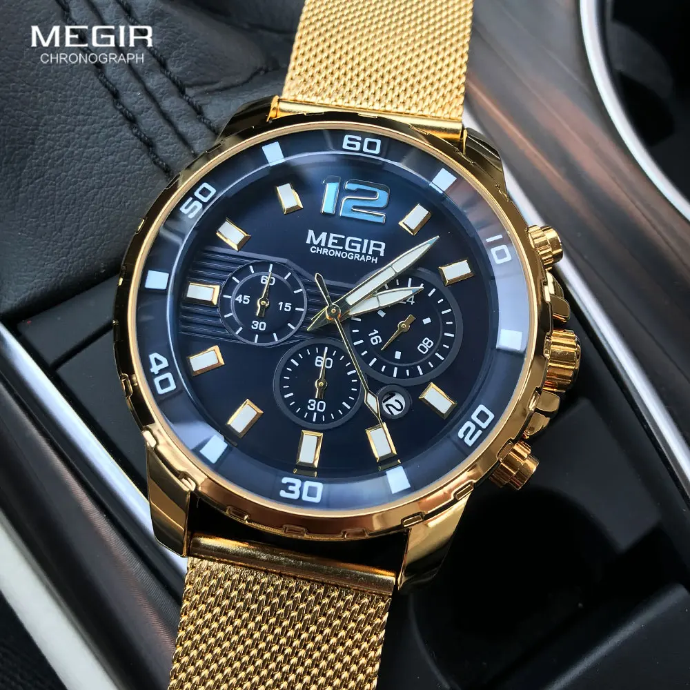 MEGIR Chronograph Quartz Watches for Men 2020 Luxury Top Brand Military Sport Waterproof Wristwatch Men\'s Mesh Strap Watch Clock