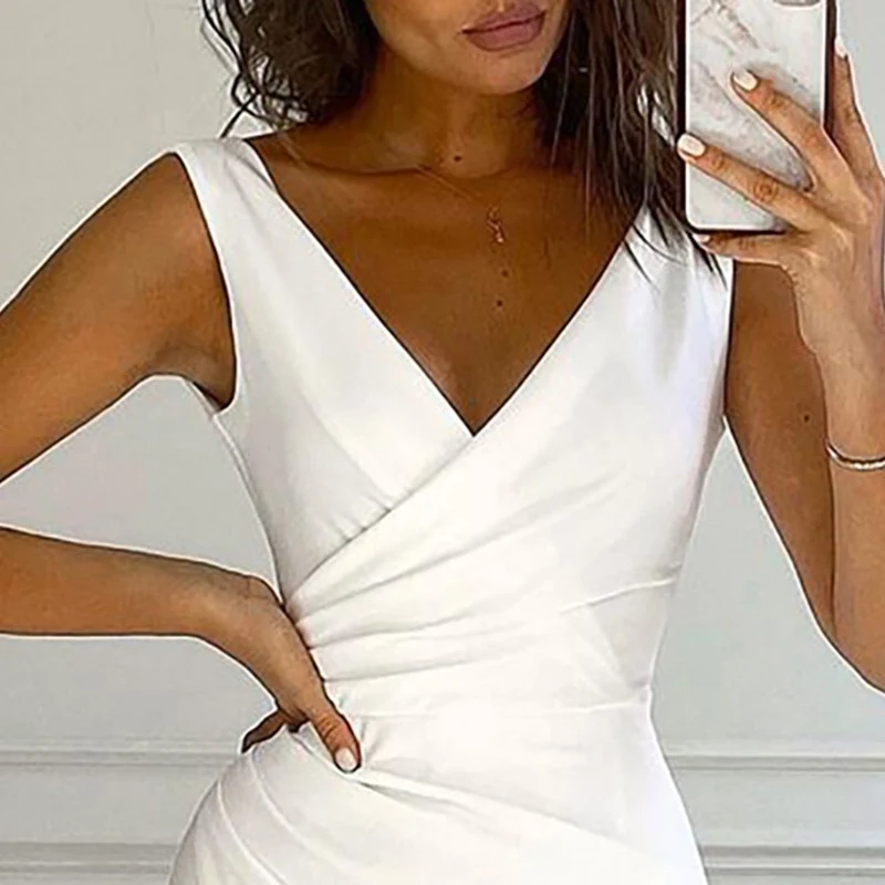 Solid Split Spaghetti Strap V-ncek Short Woman Dress Sexy Slim Waist Sleeveless Female Dresses Stylish Office Lady Vestidos