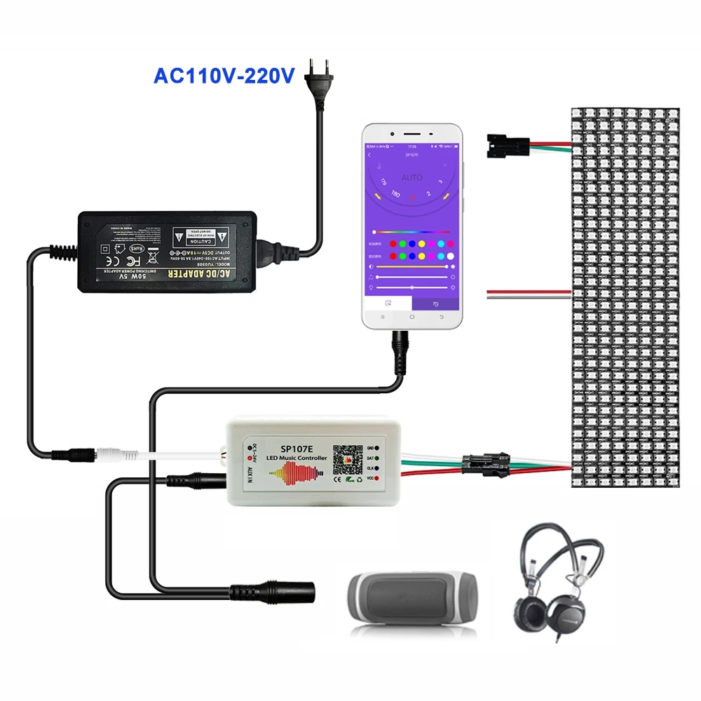 DC5V WS2812B indywidualnie adresowalnych Panel ledowy elastyczny ekran i Bluetooth SP107E pilot do muzyki zestaw zasilający 8*8 16*16 8*32