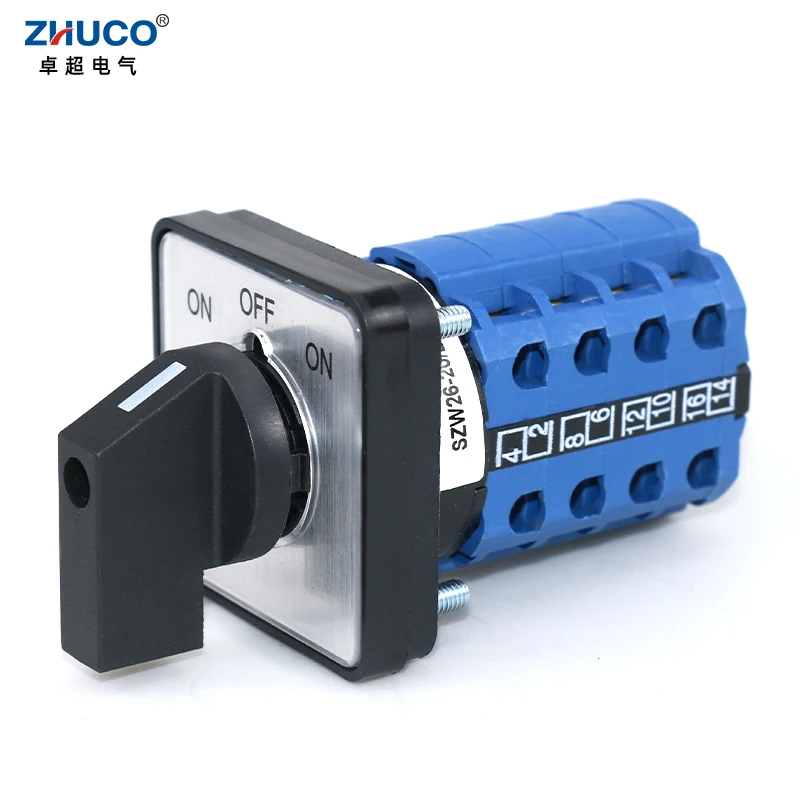 ZHUCO SZW26/LW26-20/D404.4 ON OFF ON 20A Four Pole 16 Terminals 64X64 Mm 48X48 Mm Panel Electric Reversing Cam Changeover Switch