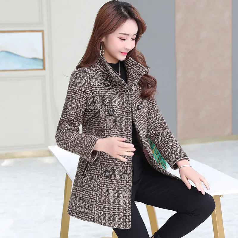 M-6XL Women Wool Blends Coat Autumn Winter 2024 Fashion Mother Overcoat Turtleneck Plaid Slim Long Tweed Woolen Outerwear Female