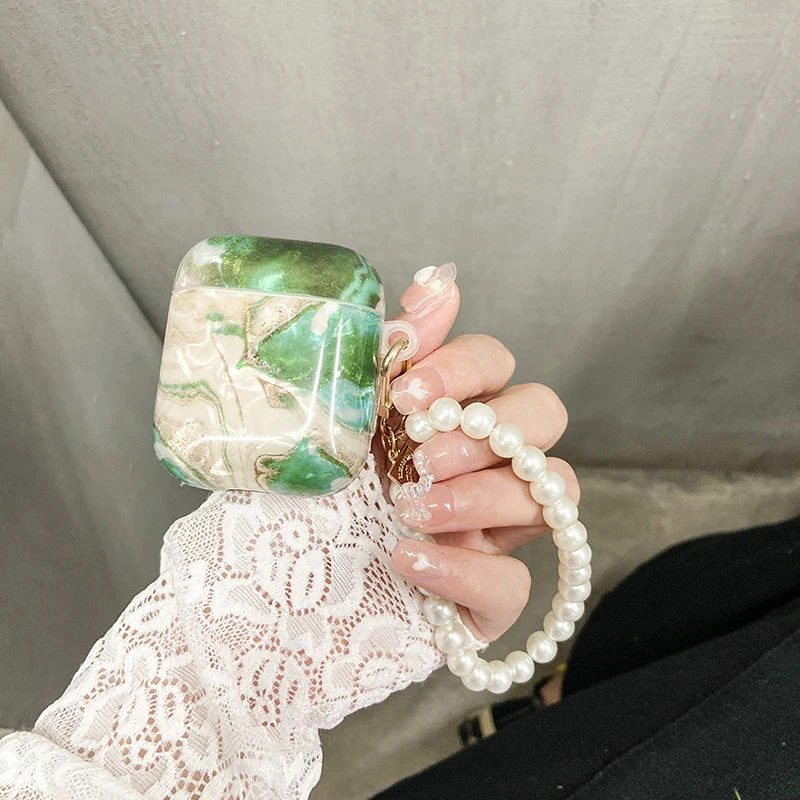 Para Apple AirPods 1 2 3 Pro funda de lujo verde Esmeralda mármol brillante funda para auriculares para AirPods 3 funda lindo corazón perla llavero