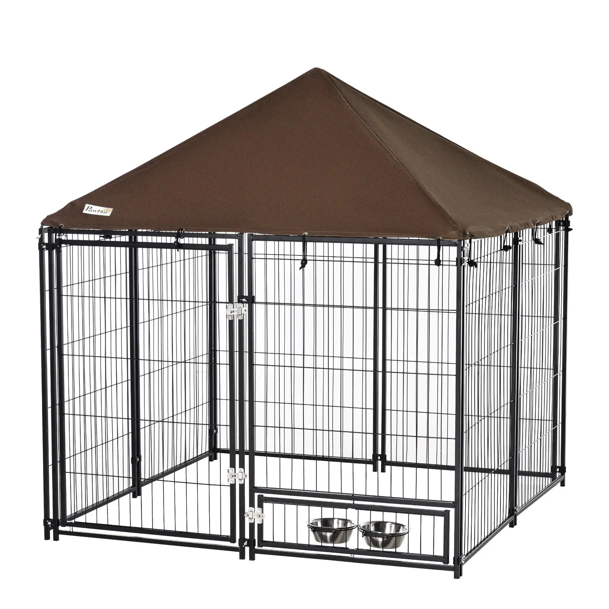 PawHut Dog Park outdoor metal kennel canopy with swivel stand for food 141x141x121 cm black