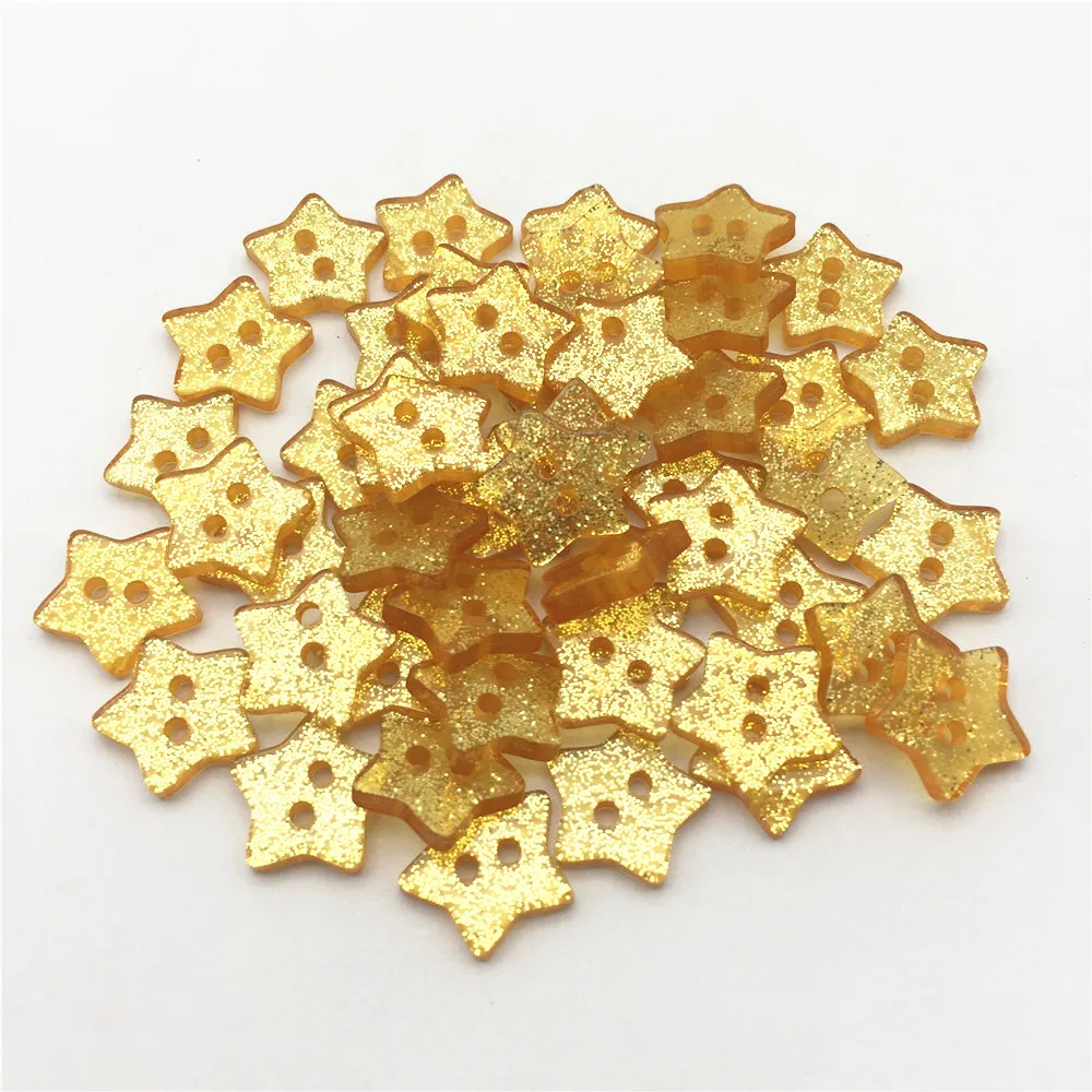 50pcs Gold Yellow Glitter Heart Star Round Buttons 2 Holes Sewing DIY Crafts Embellishments Sparkle Chriatmas Scrapbook