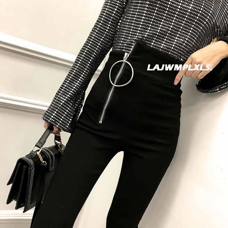 2022 Autumn Spring New Black leggings Casual Elastic High Waist stretch feet pants women\'s Metal Buttons was thin Pencil Pants