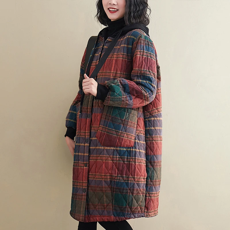 Nouveau hiver matelassé Plus coton veste femmes Streetwear chaud ample Vintage Plaid couture vêtements d'extérieur décontracté Long manteau à capuche femme