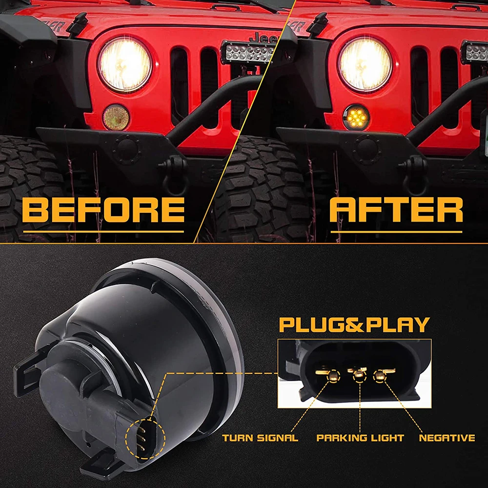 Turn Signal Lights Smoke Lens Amber LED Front Grill Indicator Parking Lights for Jeep-Wrangler JK JKU 2007-2017