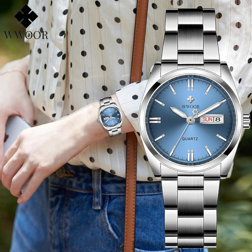 WWOOR-reloj azul de lujo para mujer, pulsera de acero inoxidable con fecha y semana, femenino