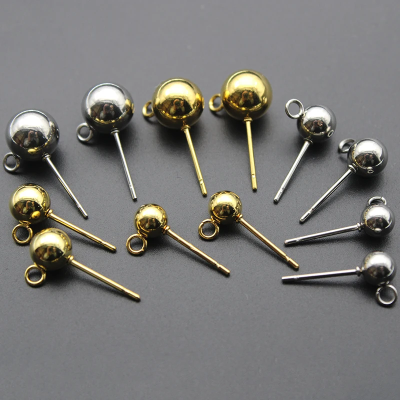 20Pcs Stainless Steel Gold Color 3 4 5 6 8 mm Round Ball Stud Earrings with Jump Rings DIY Earrings Accessories Jewelry Making