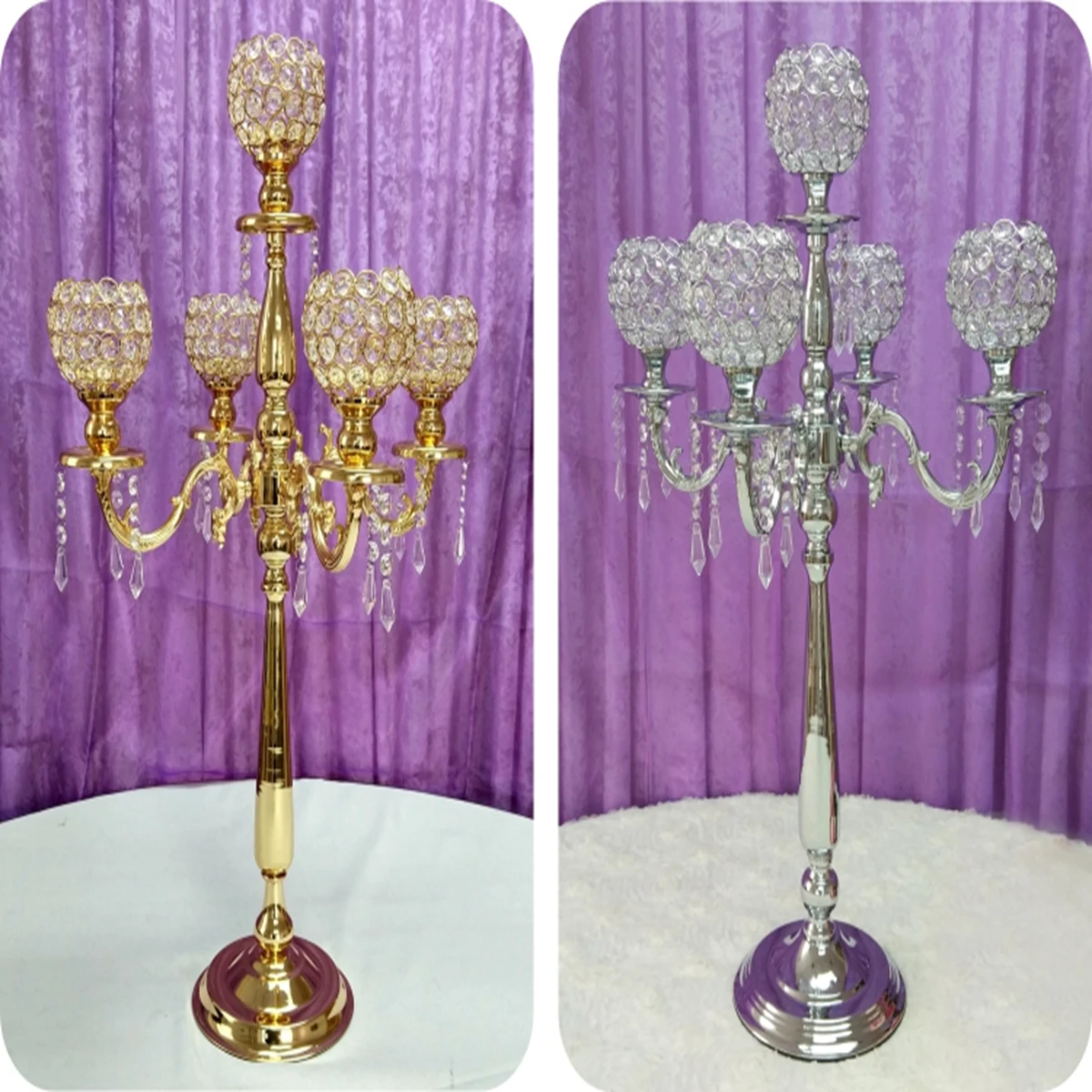 12pcs)Wholesale tall Wedding centerpieces gold 5 arms crystal candelabras AB0172