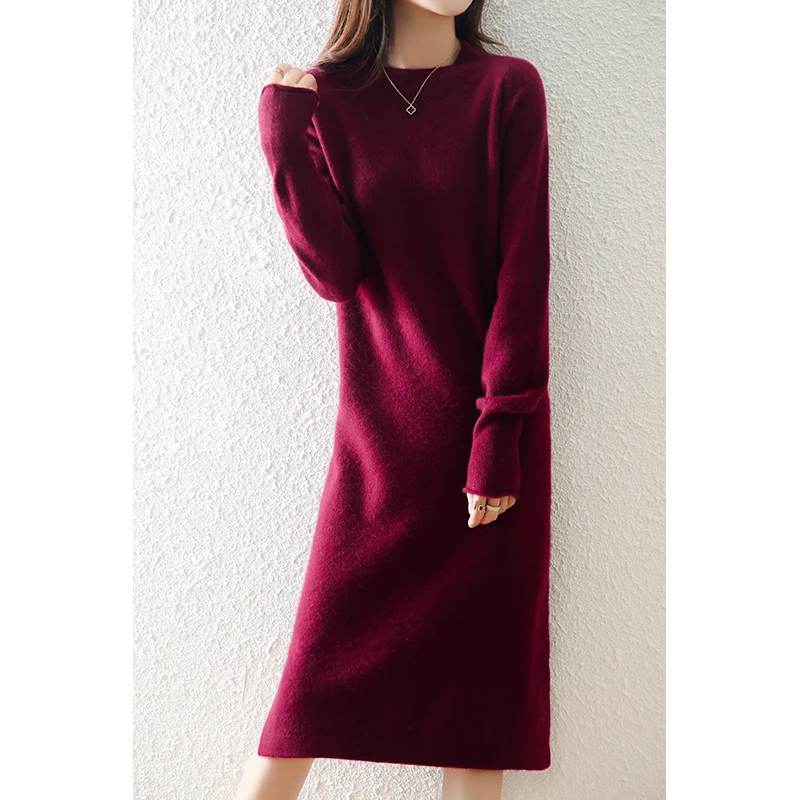 Fashion Women Sweater Dress O-neck 100% Wool Casual Solid Color Knitted Pullover Autumn Winter Female Loose Long-Style Dress