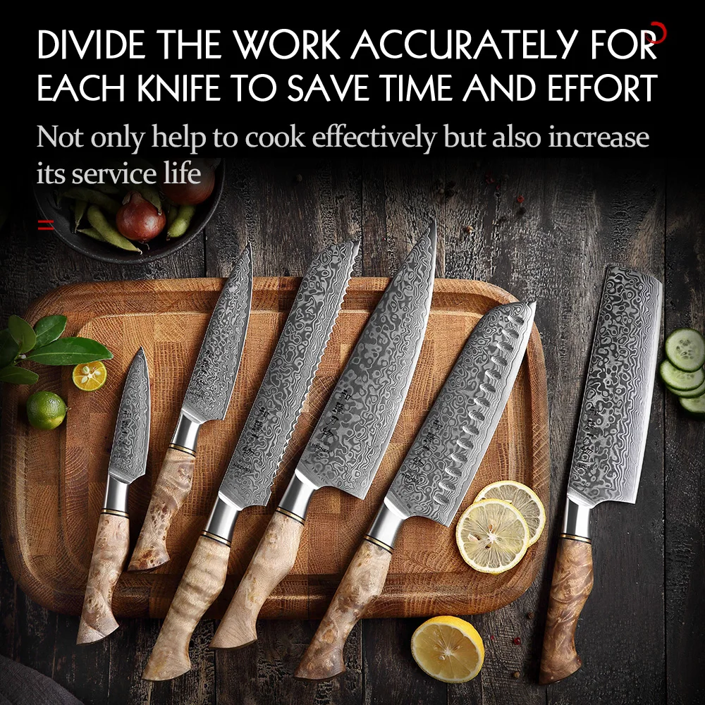 HEZHEN 6PC Kitchen Knife Set l Damascus Steel Chef Santoku Bread Cook Knife For Meat Sharp Kitchen Knife Tool