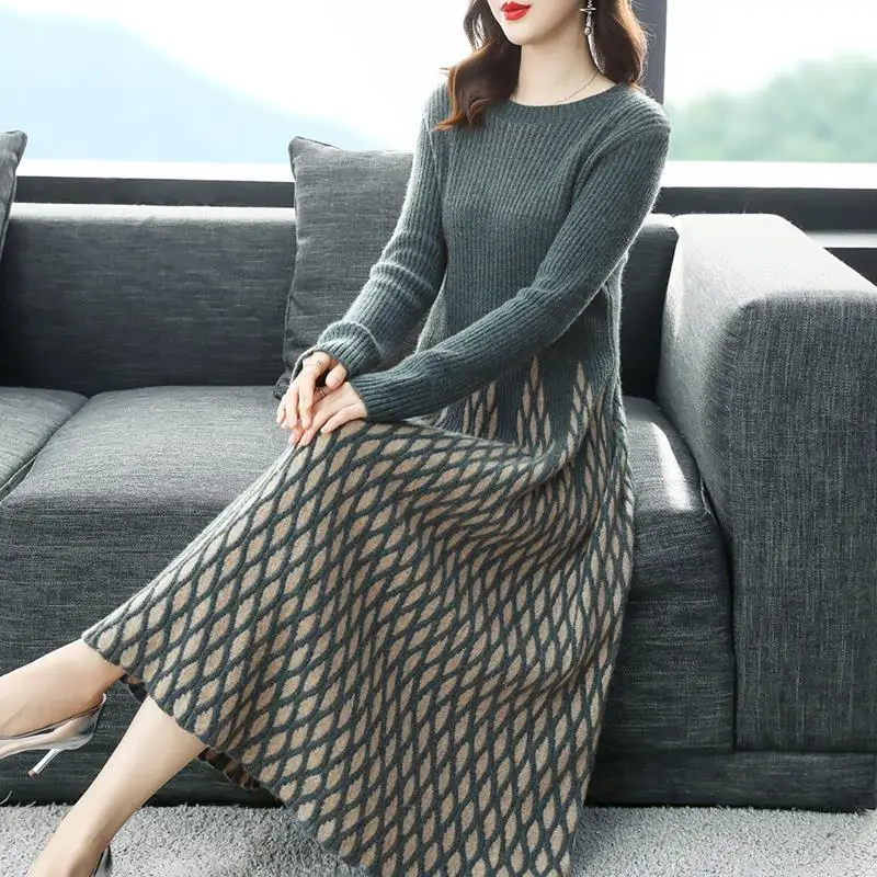 New Fashion 2024 Women Autumn Winter Long Sweater Pullovers  Warm Knitted Sweaters Dress Pullover Lady O Neck Women s1376