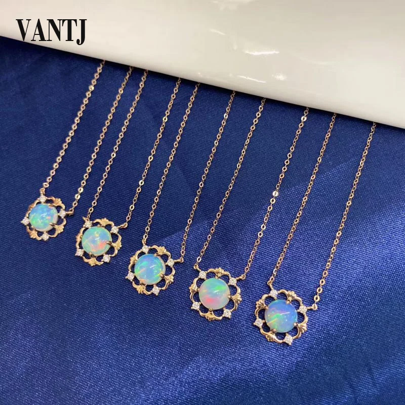 VANTJ Real 10K Gold Pendant Elegant Natural Opal Diamond Fine Jewelry Necklace for Women Lady Party Wedding Gift whit Box