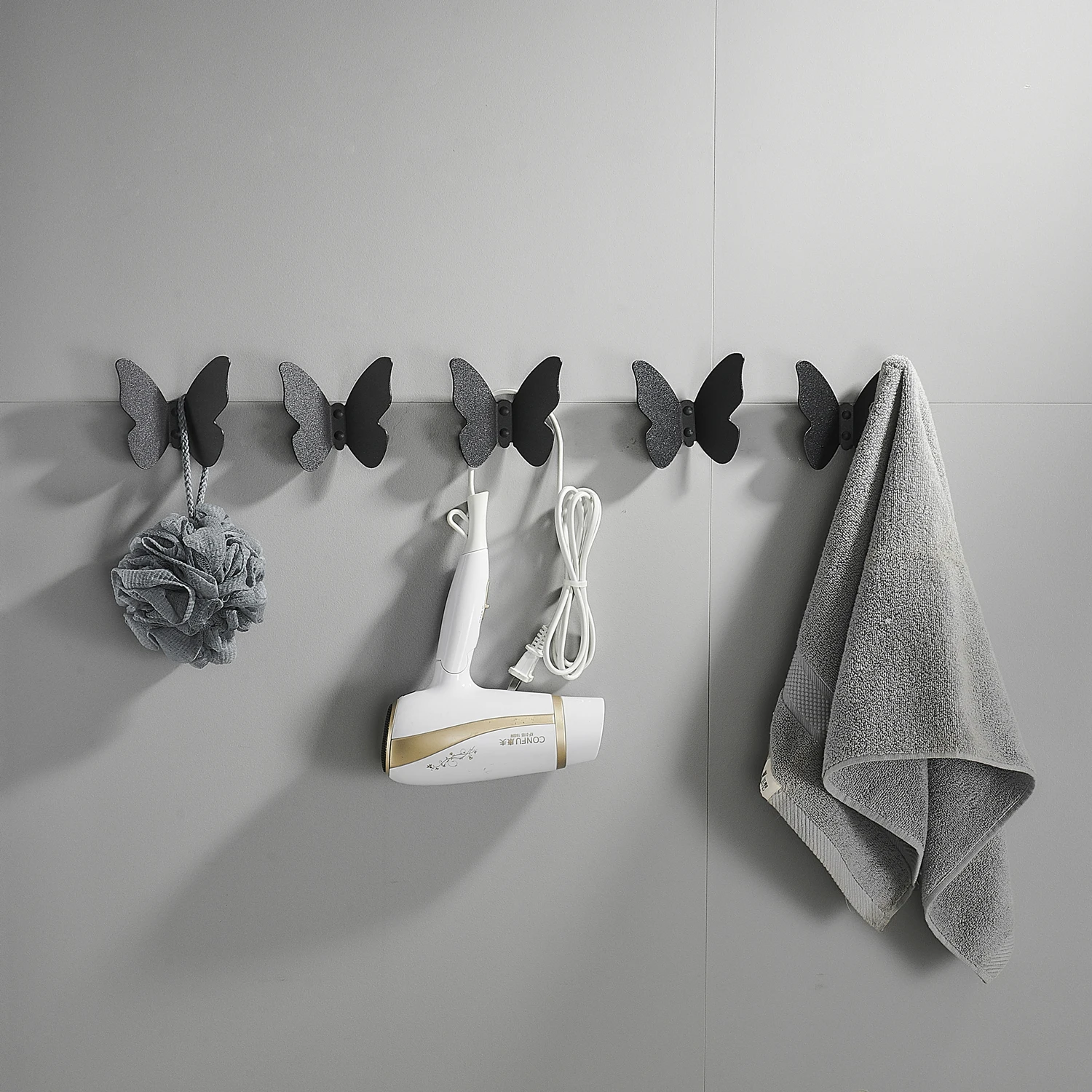 Matte Black Aluminium Wall Mounted Nordic Bedroom Decoration Three-dimensional Bathroom Row Hooks Creative Butterfly Single Hook