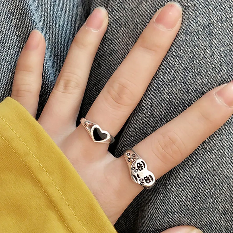 Foxanry Stempel Black Love Heart Ringen Voor Vrouwen Nieuwe Mode Schattige Cartoon Gezicht Thai Zilveren Rock Party Sieraden Geschenken