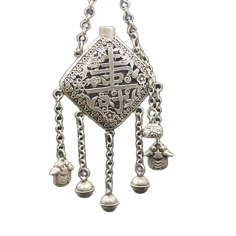 Tibetan Silver Old Feng Shui Hollow Out Engraving Fu Shou Sachet Pendant