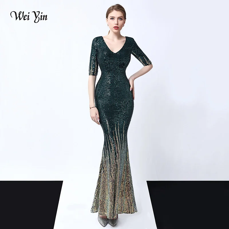 

wei yin AE0340 Luxury Green Mermaid Long Evening Dresses 2020 Sequined Half Sleeve V-Neck Sparkle Sexy Formal Party Dresses