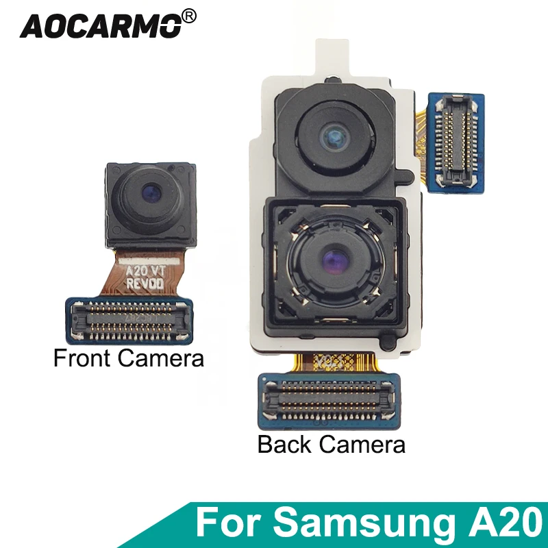 

Aocarmo For Samsung Galaxy A20 Front Face Rear Back Camera Module Flex Cable 8MP 13MP 5MP