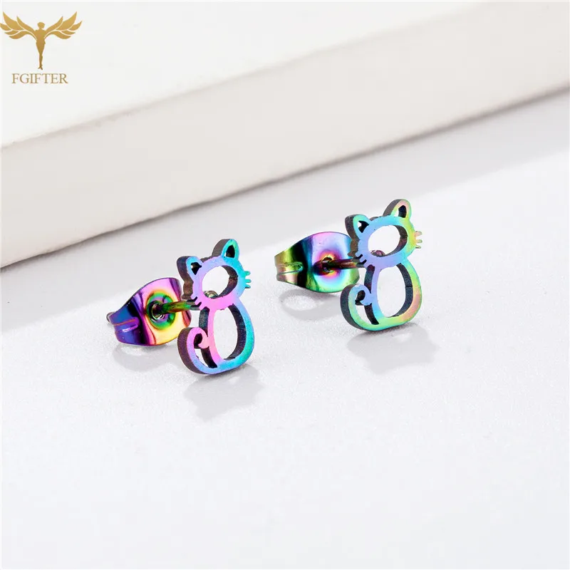 Lovely Animal Earrings Set Cat Stud Earrings Stainless Steel Hollow Design Simple Fashion Jewelry Girl Gift