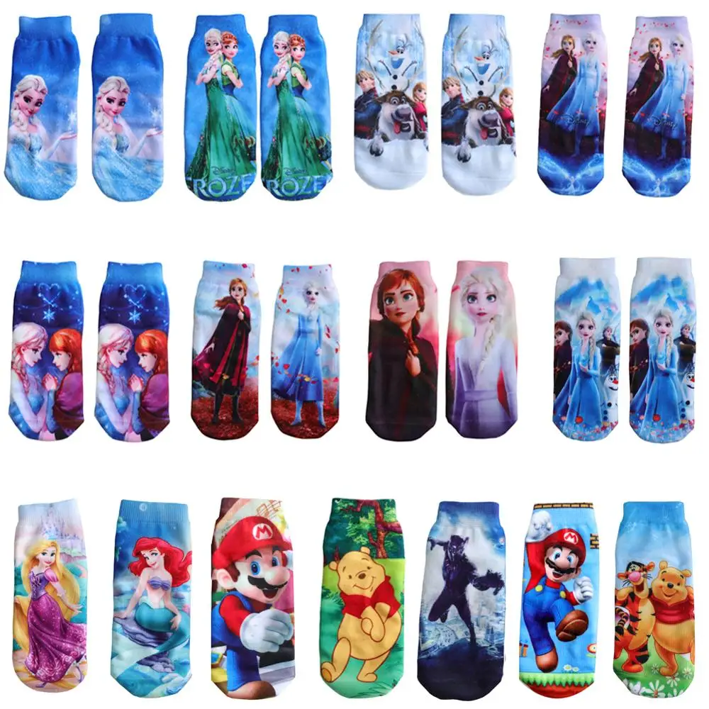 Calcetines de algodón con estampado 3D de princesas para niños y niñas, medias divertidas de dibujos animados de Anna, Elsa, Cars3, 4 pares por bolsa