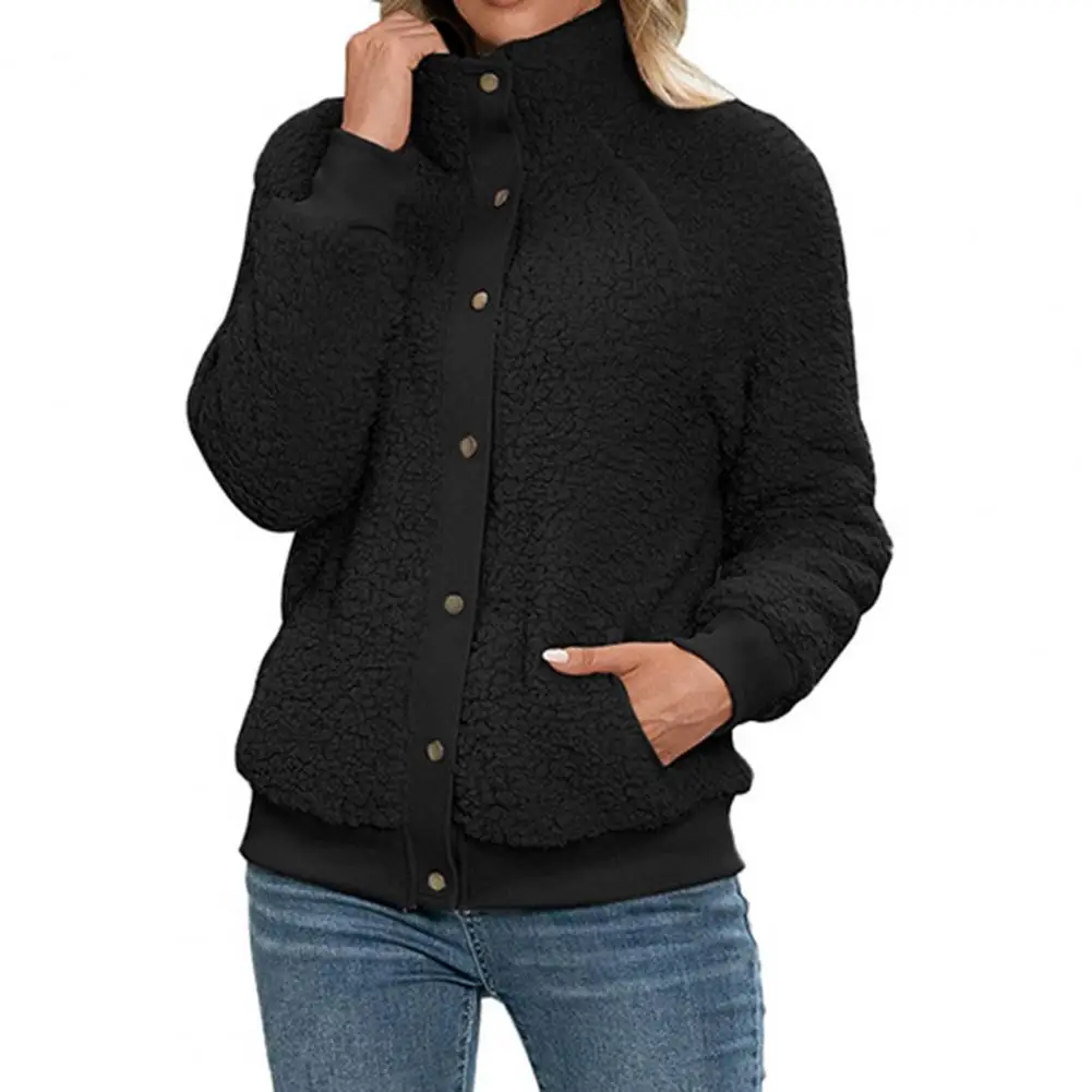 Dropshipping!! Buttons Closure Side Pockets Fleece Jacket Women Stand Collar Warm Cardigan Jacket Outerwear