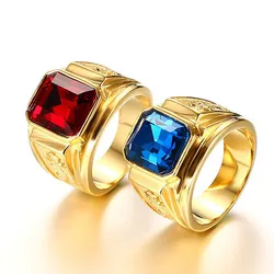 Sapphire ruby gemstones blue red zircon diamonds rings for men 18k gold tone stainless steel dragon jewelry bijoux fashion gift