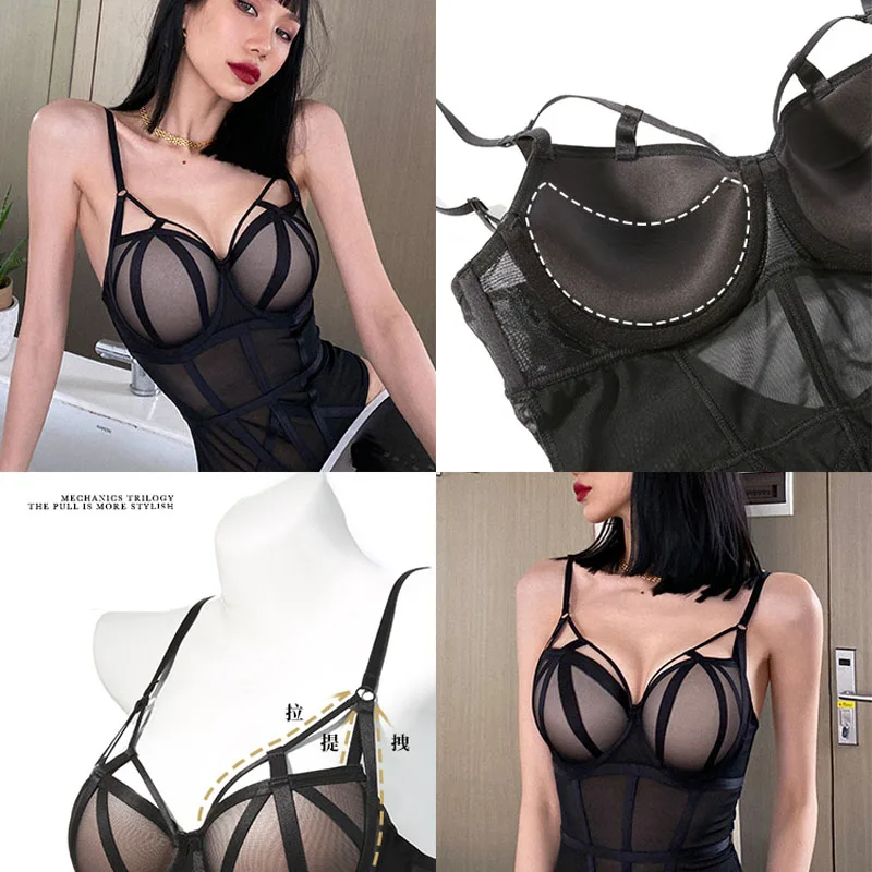 French Bodysuit Sexy Lace Push Up Bra Set Classic Bandage Mesh Transparent Bodycon Underwear Women Temptation Hollow Onesies