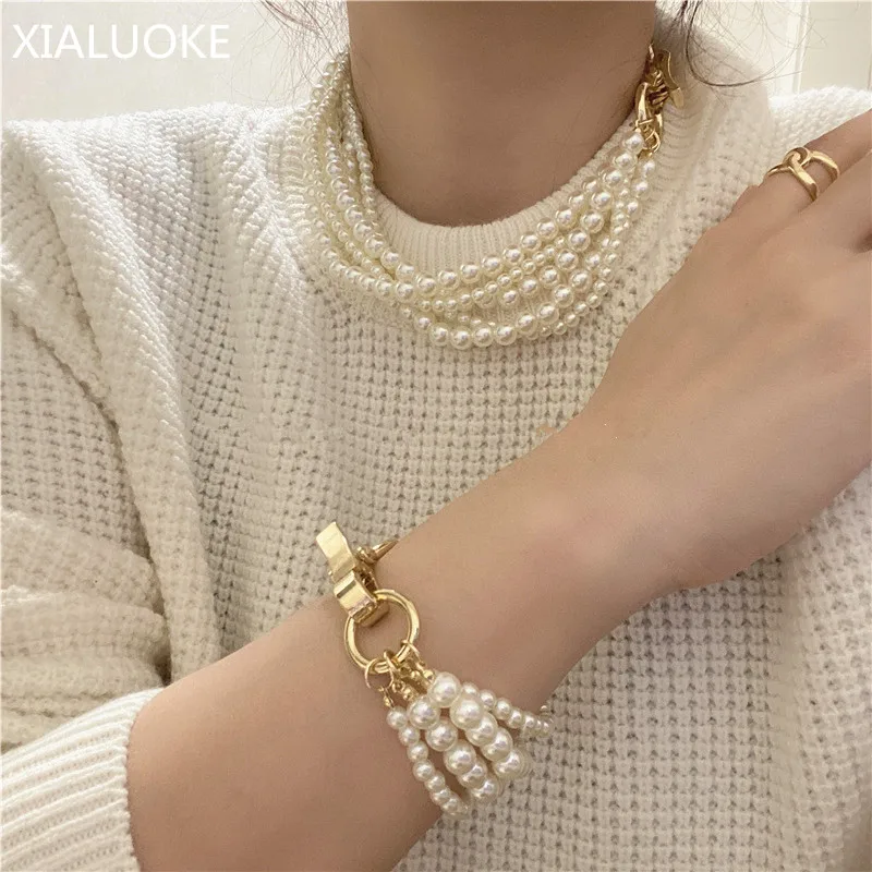 XIALUOKE Vintage Geometric Metal Buckles Multilayer Pearl Necklace For Women Hyperbole Choker Necklaces Wedding Party Jewelry