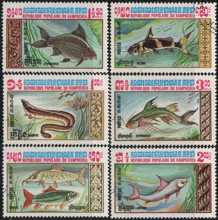 6Pcs/Set Cambodia Post Stamps 1983 Shallow Sea Edible Fish  Marked Postage Stamps for Collecting