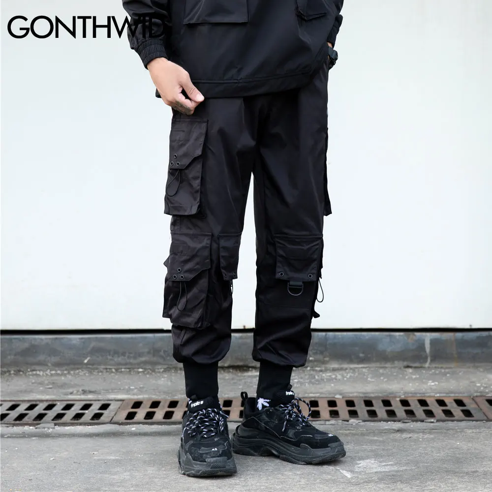 GONTHWID Pants Streetwear Hip Hop Multi-Pockets Casual Cargo Harem Joggers Pants Mens Fashion Loose Baggy Punk Military Trousers