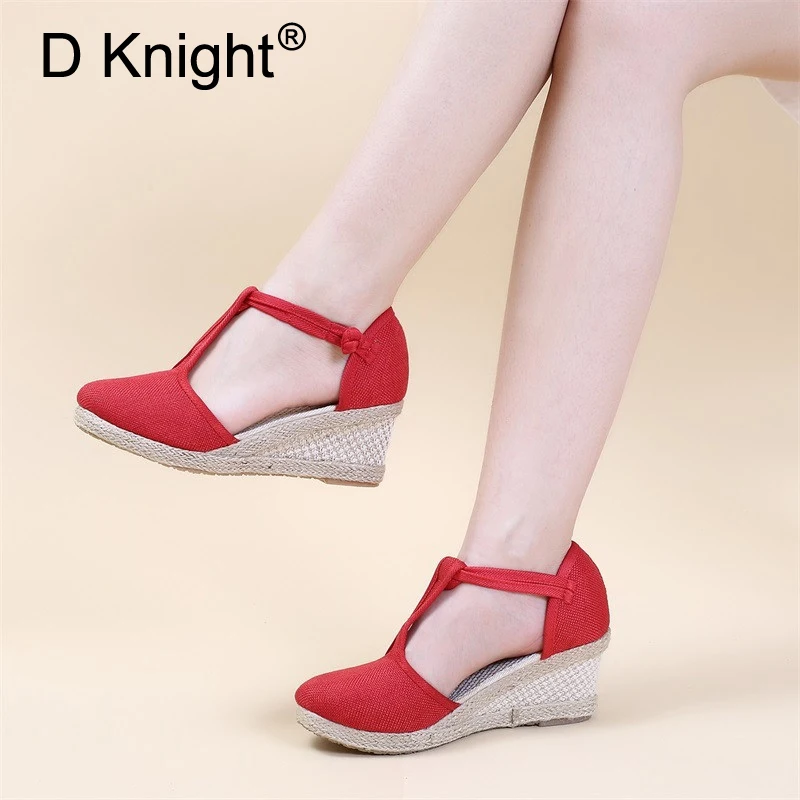 D Knight Women Sandals Summer Shoes Platform Wedges High Heel Ankle Strap Shoes Bohemia Female Espadrille Sandals Pumps Big Size