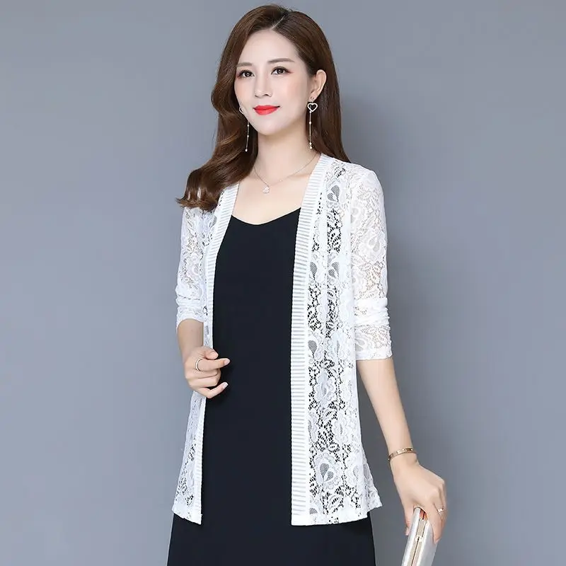 Beach Summer Sexy Women Casual Boho Kimono Cardigan White Lace Organza Loose Office Work Blouse Shirt Plus Size Tops Beachwear