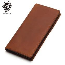 TAUREN First Layer Cow Genuine Leather Wallet Men Bifold Zipper Crazy Horse Clutches Retro Long Brand Hand Bag