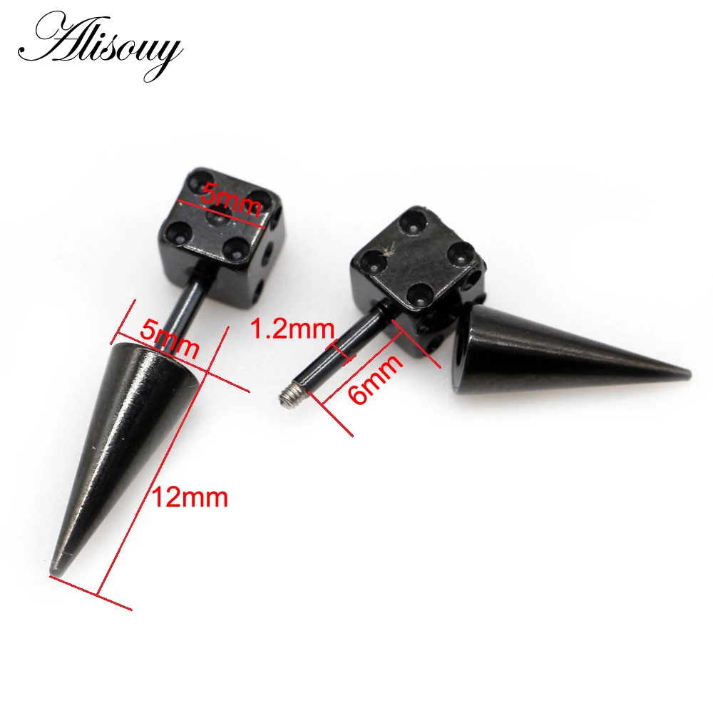 Alisouy 2pcs Fashion Punk Gothic Dice Spike Cone Square Stainless Steel Ear Stud Earrings Male Men women Piercing Jewelry Gift view 5